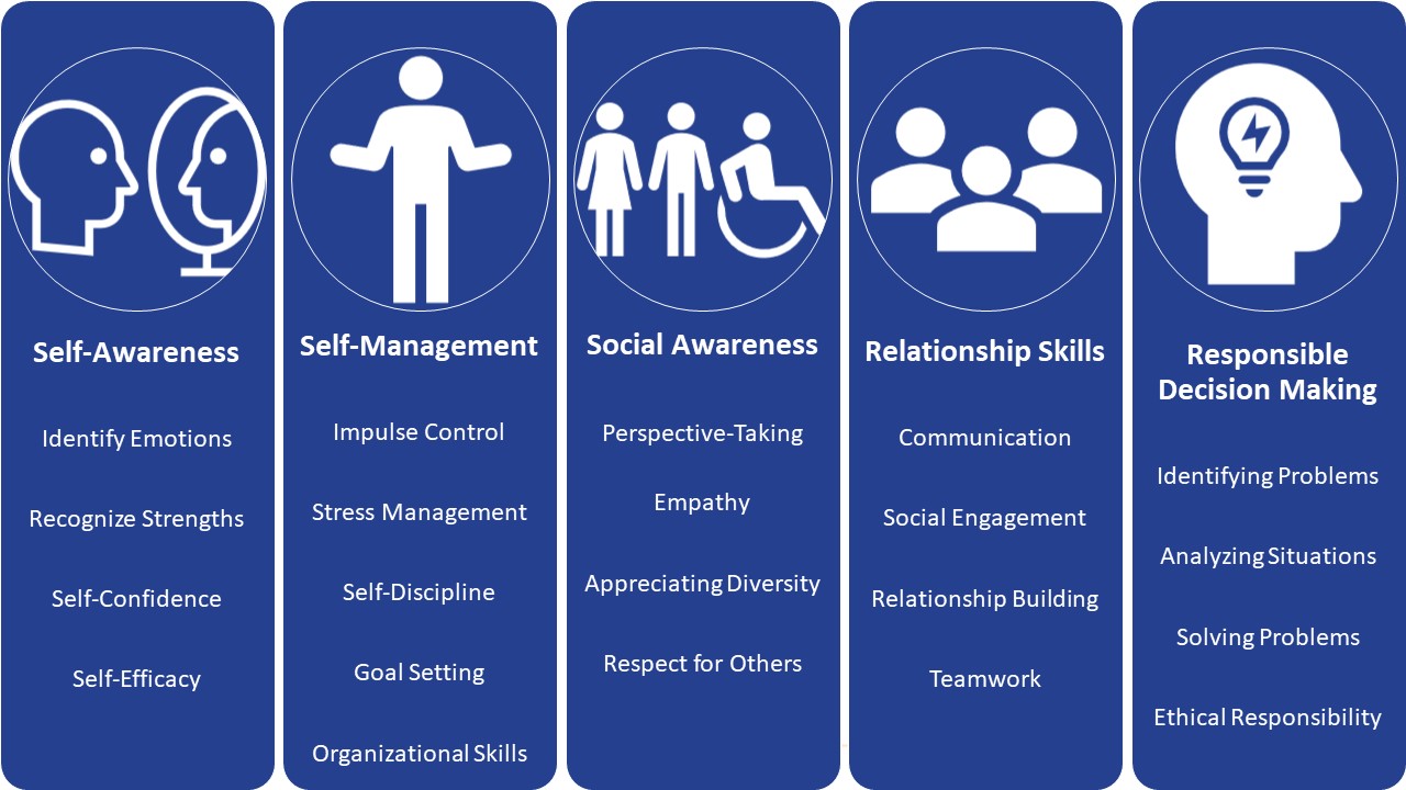 Whole child skill development competency areas and skills: Self-awareness including identifying emotions, recognize strengths, self-confidence, and self-efficacy; Self-management including impulse control, stress management, self-discipline, goal setting, organizational skills; Social awareness including perspective taking, empathy, appreciating diversity, respect for others; relationship skills including communication, social engagement, relationship building, teamwork; Responsible decision making including identifying problems, analyzing solutions, solving problems, ethical responsibility 